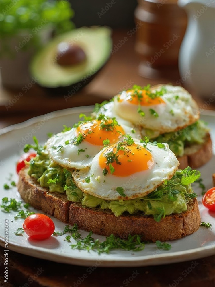 Avocado Toast Topped With Fried Eggs and Cherry Tomatoes Served on a Rustic Wooden Table. Generative AI Avocado Toast Topped With Fried Eggs and Cherry Tomatoes Served on a Rustic Wooden Table. Generative AI