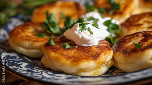 Ukrainian syrniki with sour cream.