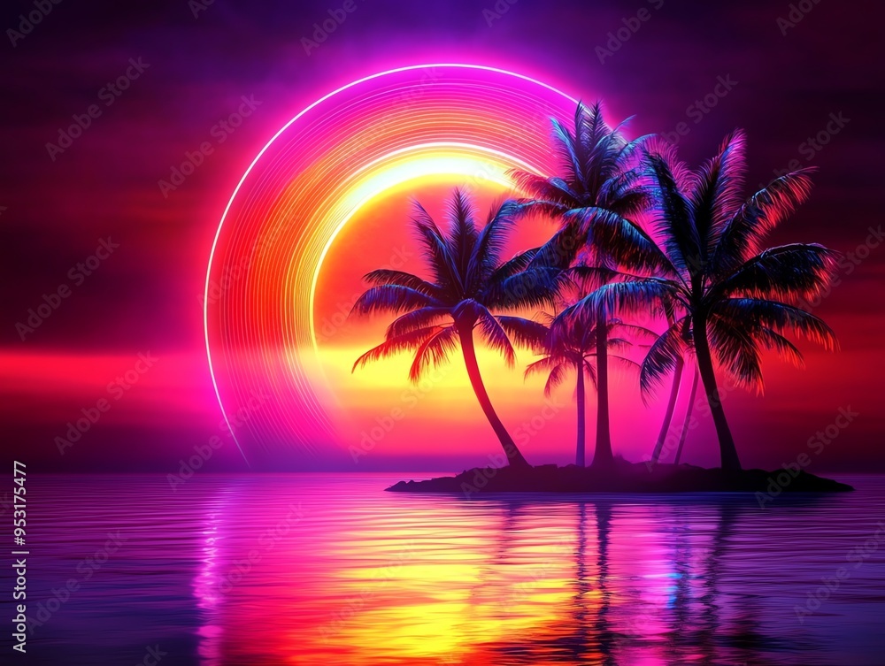 Naklejka premium A vibrant, neon sunset with palm trees on a small island, reflecting off calm waters, creating a mesmerizing tropical paradise.