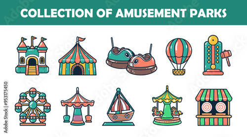 Amusement parks vector illustration set