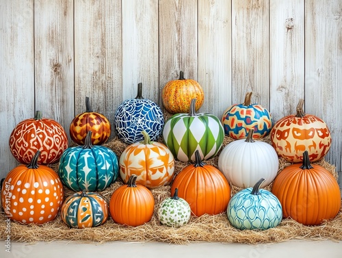 An arrangement of painted pumpkins with various intricate designs against a wooden background, perfect for autumn decor ideas.