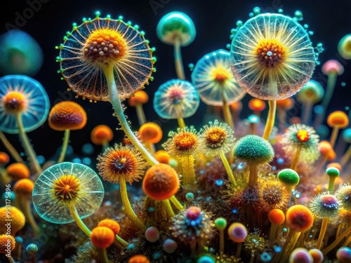 Detailed macro view of a vibrant fungal colony, featuring intricate networks of delicate hyphae and colorful spores, illuminated against a dark background. photo