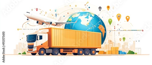 Global logistics and transportation concept with truck, airplane, and world map icons symbolizing international shipping and delivery.