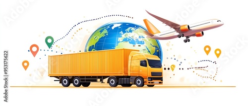 Global logistics concept with truck, airplane, and world map. Illustrating transportation, delivery, and shipping services worldwide.