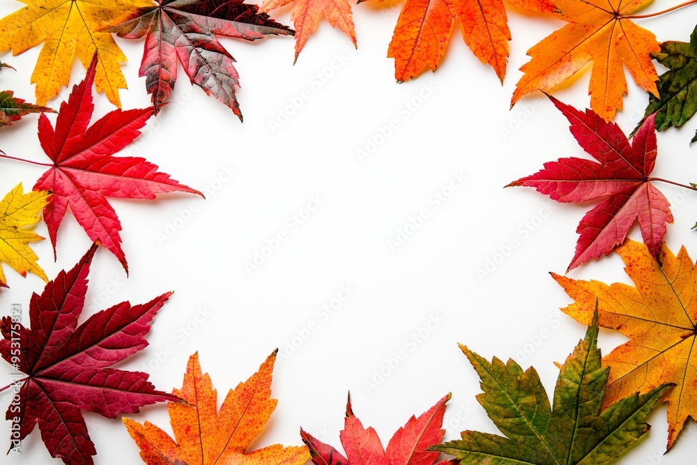 Fototapeta premium Autumn Maple Leaves Flat Lay White Background created with Generative AI