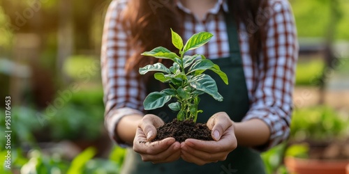 Woman s Hands Holding Young Plant Seedling in Soil photo