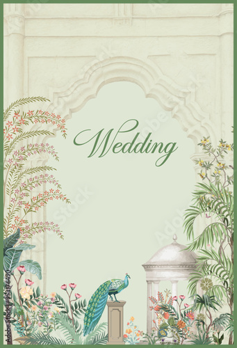 Wedding Invitation card, Mughal wedding card design,watercolor background with mughal tree peacock arch.