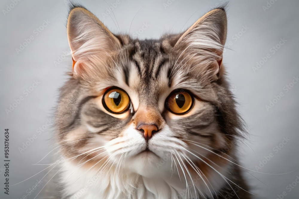 Fluffy, whiskered face of a curious American Wirehair cat with a distinctive rough-coated fur, peering out with bright, inquisitive eyes and twitching ear tips. Fluffy, whiskered face of a curious American Wirehair cat with a distinctive rough-coated fur, peering out with bright, inquisitive eyes and twitching ear tips.