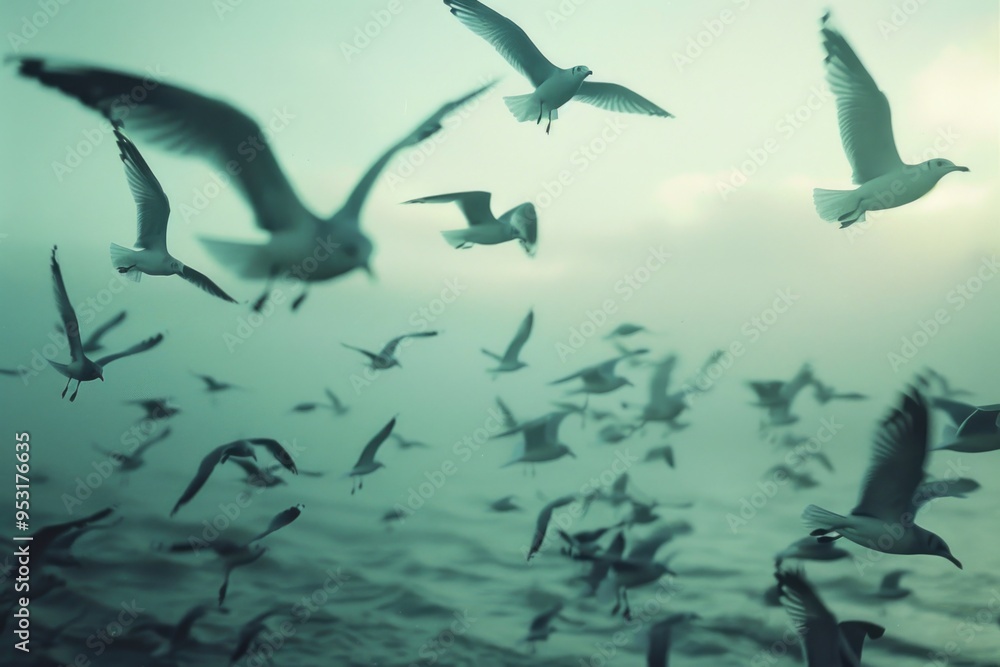 Obraz premium A group of seagulls in flight over the open ocean, possibly searching for food or soaring through the air