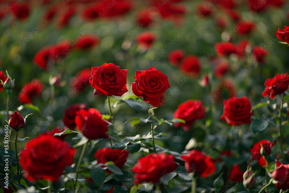 A field of red roses with a bright sun shining on them A field of red roses with a bright sun shining on them