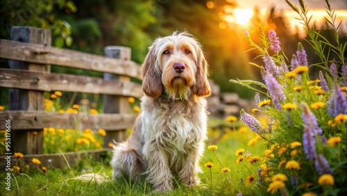 Fluffy Spinone Italiano dog with wire-haired coat and endearing expression sits obediently on a sun-drenched meadow, surrounded by blooming wildflowers and rustic wooden fence. photo