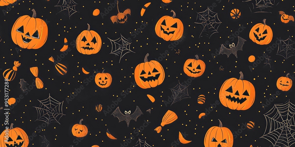 AÂ black and dark Halloween design including orange pumpkins, spider webs, monsters, candies, and other items with a Halloween theme.