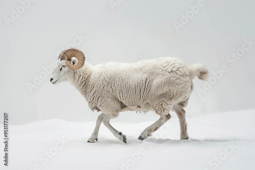 A ram is walking through the snow photo