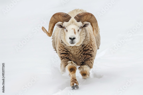 A ram is running through the snow photo