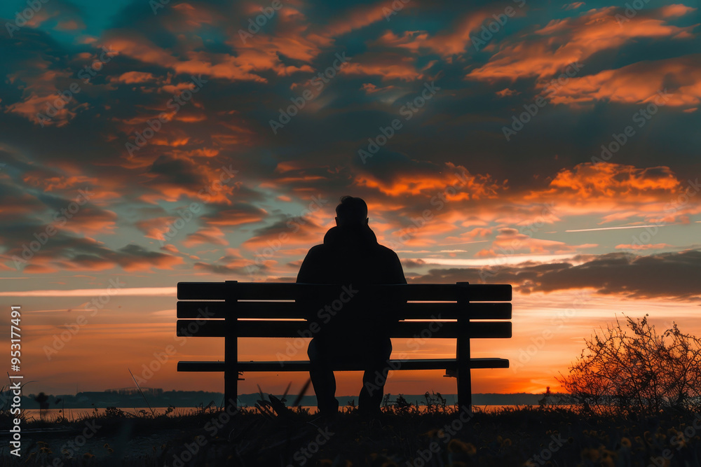 Obraz premium A man sits on a bench overlooking a body of water