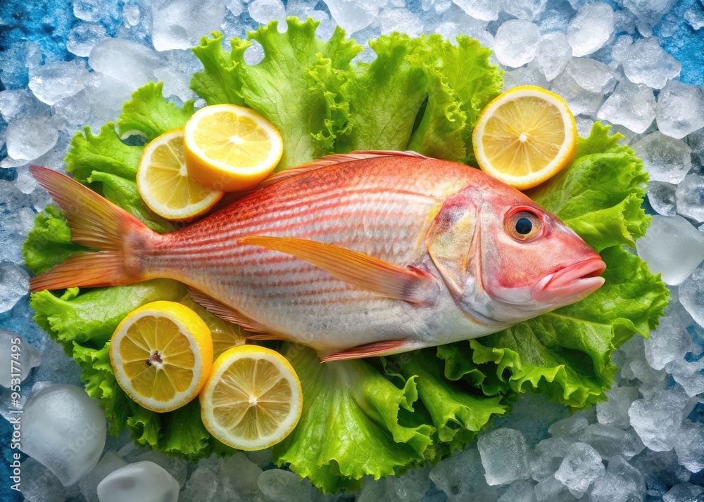 Freshly caught vibrant orange and white striped red snapper fish lying on a bed of ice, surrounded by green lettuce and sliced lemons at market. Freshly caught vibrant orange and white striped red snapper fish lying on a bed of ice, surrounded by green lettuce and sliced lemons at market.