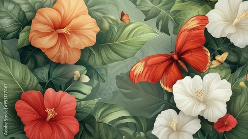 Wallpaper Mural Tropical Hibiscus Flowers with Butterfly and Green Leaves Torontodigital.ca
