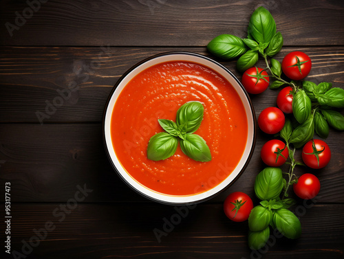 Bowl of Tomato Soup with Fresh Basil Leaves top view