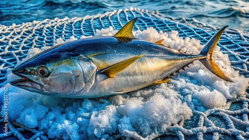 Freshly caught yellowfin tuna lies on a bed of ice, its metallic blue skin glistening with dew, amidst a backdrop of fishing nets and ocean worn ropes. photo