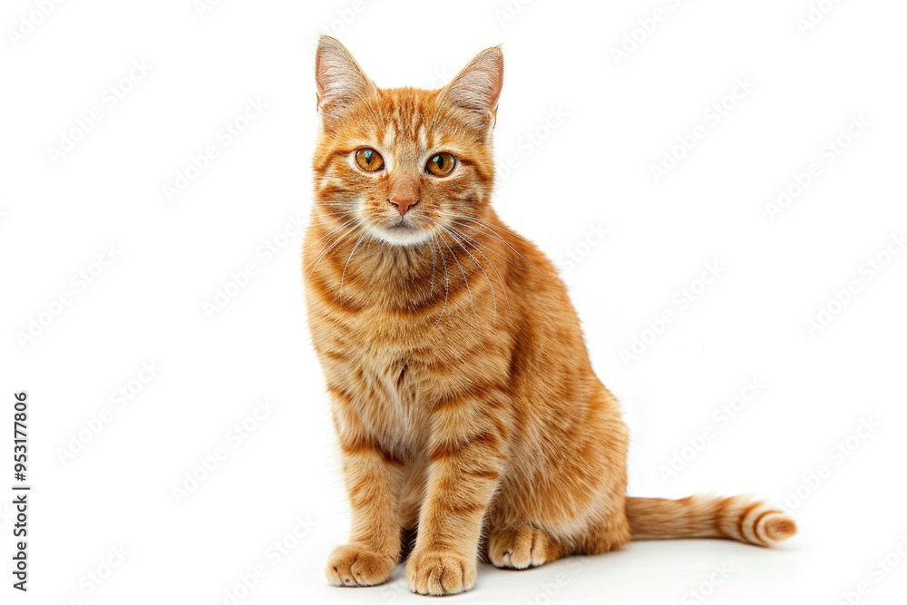 A close-up shot of an orange cat sitting on a white surface, looking straight into the camera A close-up shot of an orange cat sitting on a white surface, looking straight into the camera
