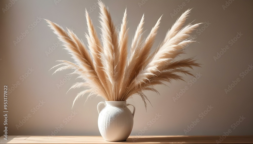 Naklejka premium Dried pampas grass in a white ceramic vase on a wooden surface, with soft shadows from natural light