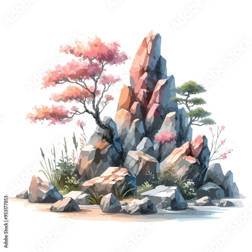 Rock Landscape,  watercolour effect in trees, vector, Generative A