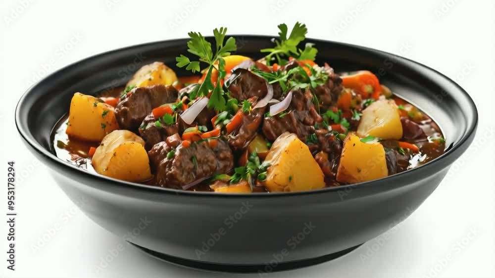A bowl of taleshko vareno, the rich, hearty stew with tender chunks of meat, potatoes, and vegetables, isolated on white background A bowl of taleshko vareno, the rich, hearty stew with tender chunks of meat, potatoes, and vegetables, isolated on white background