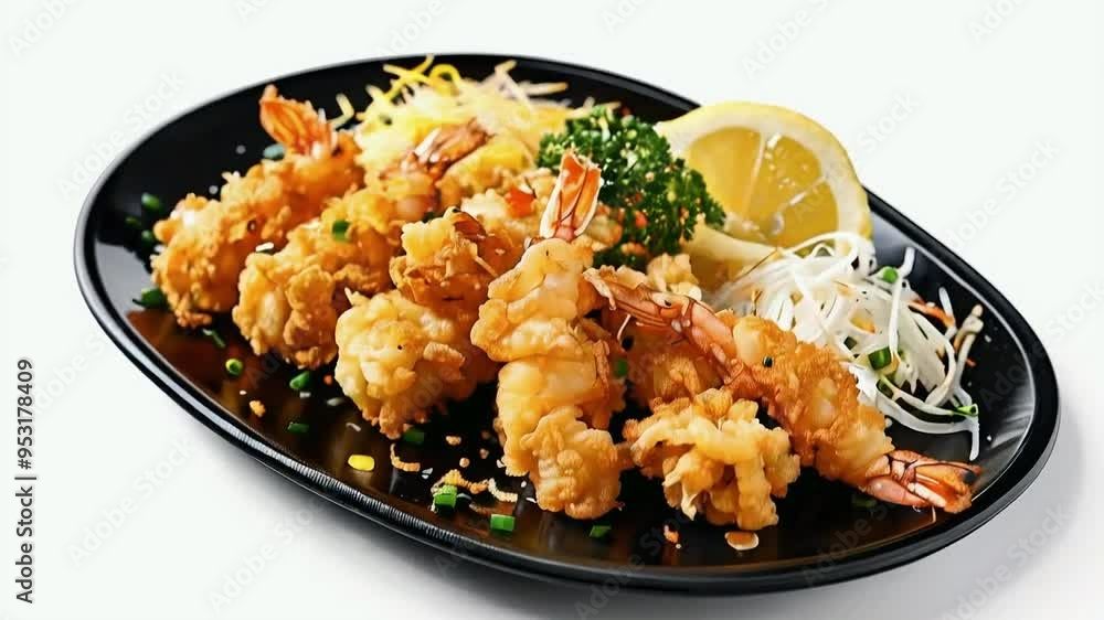 A plate of tempura, the crispy, golden-brown battered shrimp and vegetables, garnished with grated daikon and a lemon wedge, isolated on white background A plate of tempura, the crispy, golden-brown battered shrimp and vegetables, garnished with grated daikon and a lemon wedge, isolated on white background