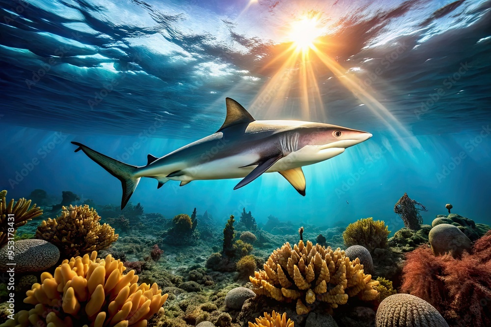 Fototapeta premium In The Sunlit Depths, A Graceful Reef Shark With Distinctive White Tips On Its Fins Cruises Through A Pristine Coral Reef.
