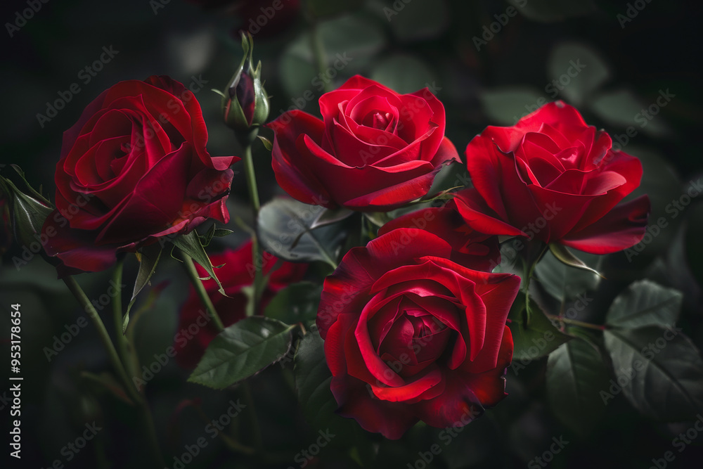 A close up of four red roses in a dark background A close up of four red roses in a dark background