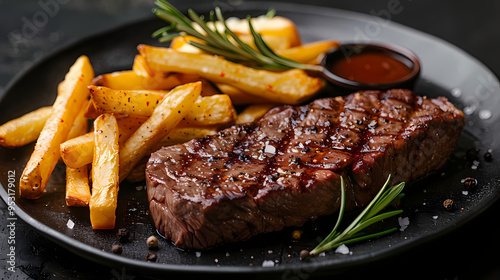 Beef Steak medium rare with French fries on a black plate. Dark background.