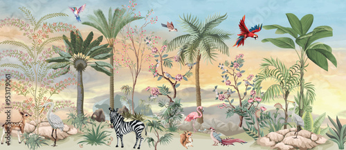 Seamless traditional Asian elephant border design.Landscape with animal, Mughal garden tree background. 