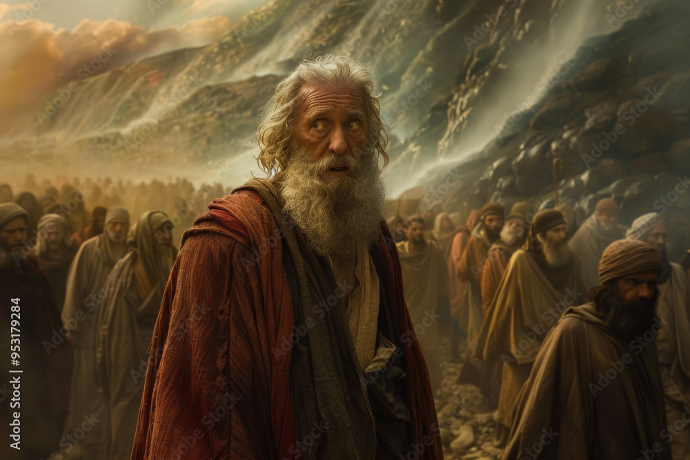 A man with a beard and a beard is standing in front of a crowd of people