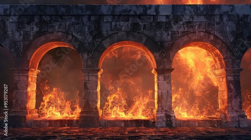 Three stone arches with fire and smoke behind them. photo