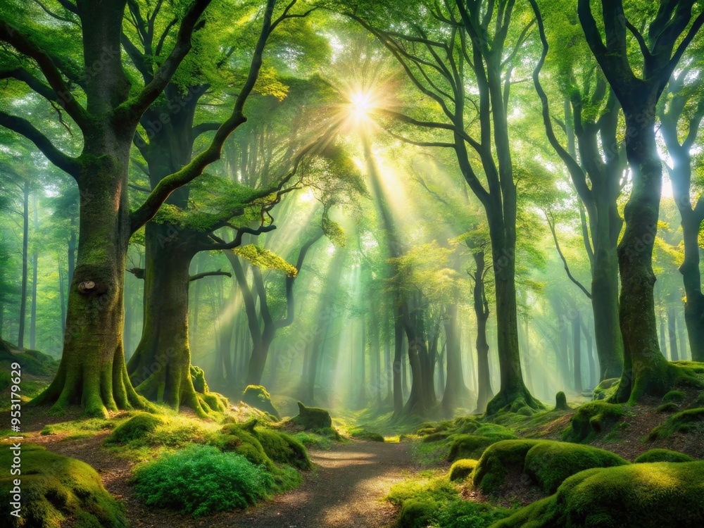 Fototapeta premium Majestic ancient forest scene with towering trees, dappled sunlight filtering through lush green canopies, and misty atmosphere evoking a sense of serenity and tranquility.