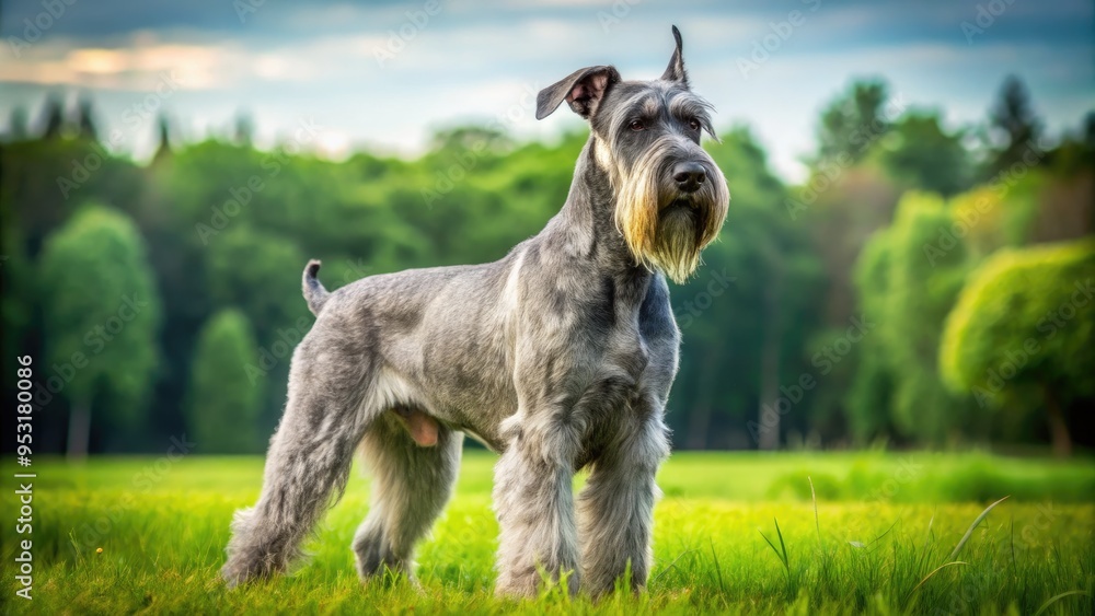 Majestic giant schnauzer dog with silver-gray coat and distinctive beard stands proudly in a lush green meadow, showcasing its powerful build and intelligent gaze. Majestic giant schnauzer dog with silver-gray coat and distinctive beard stands proudly in a lush green meadow, showcasing its powerful build and intelligent gaze.