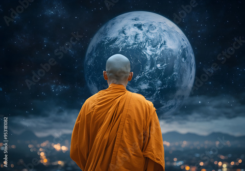 Buddhist monk in Laos in a orange robe, back view, with a space background featuring the planet Earth and the moon