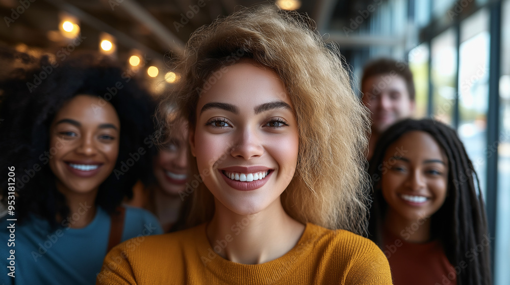Diverse group of colleagues smiling for a selfie in a modern office, showcasing camaraderie and inclusivity in a casual work environment Diverse group of colleagues smiling for a selfie in a modern office, showcasing camaraderie and inclusivity in a casual work environment