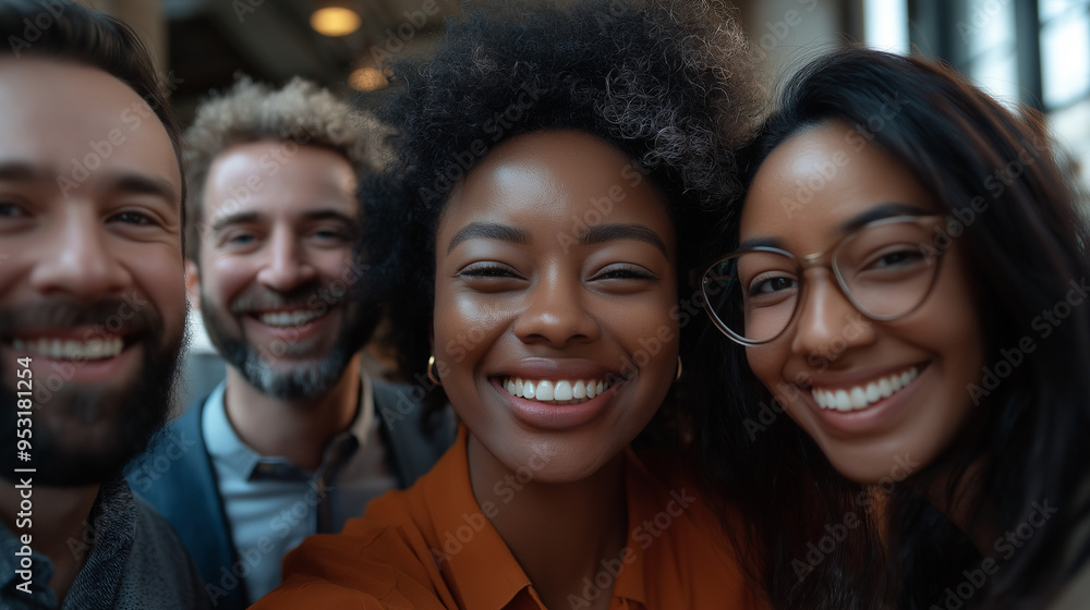 Fototapeta premium Diverse group of colleagues smiling for a selfie in a modern office, showcasing camaraderie and inclusivity in a casual work environment