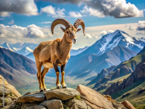 Majestic urial sheep with curved horns and shaggy coat stands atop a rocky outcropping, surveying the vast, sun-drenched mountain landscape in Central Asia.