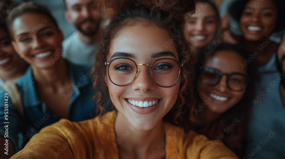 Diverse group of colleagues smiling for a selfie in a modern office, showcasing camaraderie and inclusivity in a casual work environment Diverse group of colleagues smiling for a selfie in a modern office, showcasing camaraderie and inclusivity in a casual work environment