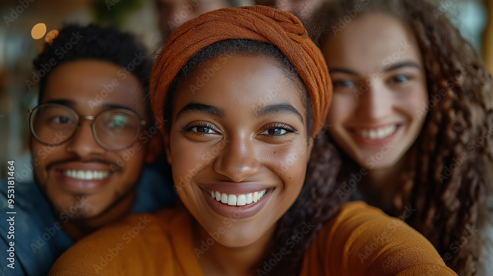 Diverse group of colleagues smiling for a selfie in a modern office, showcasing camaraderie and inclusivity in a casual work environment Diverse group of colleagues smiling for a selfie in a modern office, showcasing camaraderie and inclusivity in a casual work environment