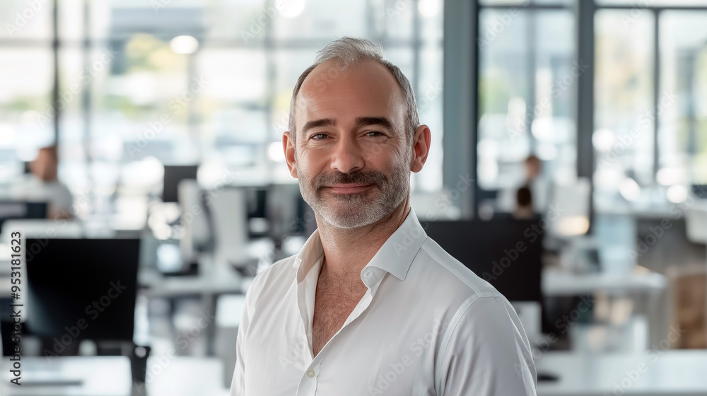 A smiling man with a beard and short hair is standing in a modern office environment, wearing a white shirt. In the background are several computer workstations and large windows.AI generated. A smiling man with a beard and short hair is standing in a modern office environment, wearing a white shirt. In the background are several computer workstations and large windows.AI generated.