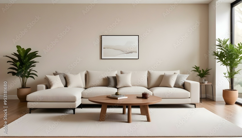 A modern living room with a large beige sofa, wooden coffee table, and minimalist decor. A modern living room with a large beige sofa, wooden coffee table, and minimalist decor.