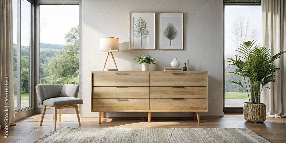 Minimalist wooden dresser with soft-close drawers and tapered legs in a light-filled modern Nordic-inspired bedroom with neutral tones and natural textures. Minimalist wooden dresser with soft-close drawers and tapered legs in a light-filled modern Nordic-inspired bedroom with neutral tones and natural textures.