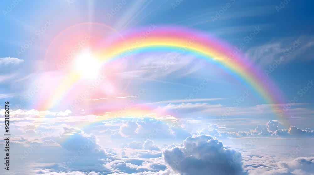 The rainbow in the blue sky with clouds sunshine in the background
The rainbow in the blue sky with clouds sunshine in the background