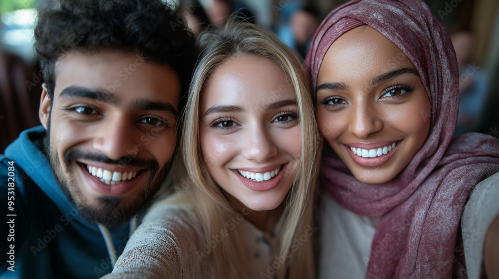 Diverse group of colleagues smiling for a selfie in a modern office, showcasing camaraderie and inclusivity in a casual work environment Diverse group of colleagues smiling for a selfie in a modern office, showcasing camaraderie and inclusivity in a casual work environment