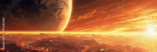 Vivid exoplanetary landscape showcasing a fiery horizon and a massive planet in a distant galaxy photo