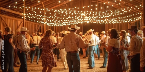 Guests enjoy lively dancing in a beautifully decorated barn with string lights, creating a vibrant atmosphere for a joyful gathering photo