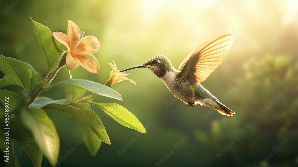 A hummingbird in flight, hovering near a flower to sip nectar, capturing the speed and precision of this tiny bird. A hummingbird in flight, hovering near a flower to sip nectar, capturing the speed and precision of this tiny bird.